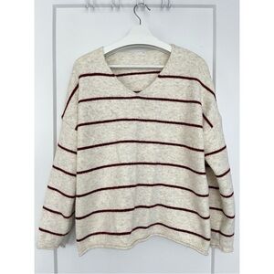 Striped V-Neck Sweater - Cream and Red